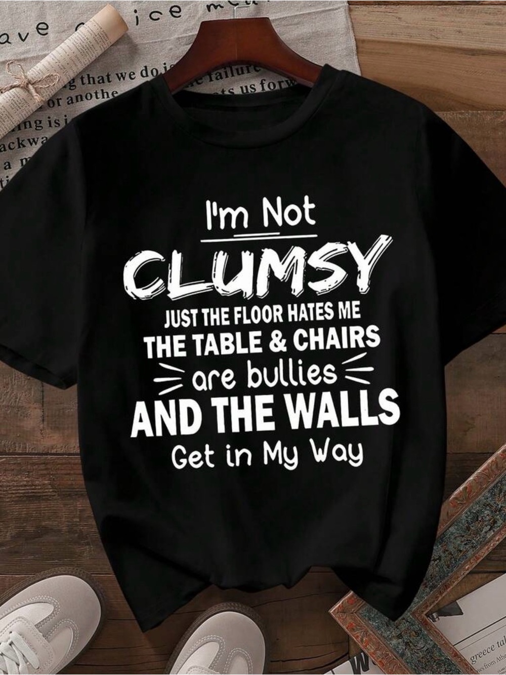 SHEIN Black Short Sleeve Tee with White 'I'm Not Clumsy' Graphic